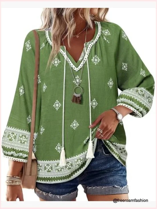 Women's Floral Print V-Neck 3/4 Sleeve Blouse Tie Front Flowy Tunic - Picture 4 of 7